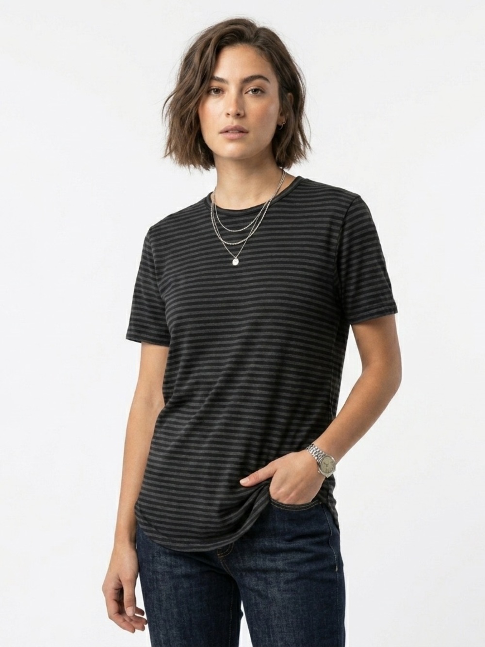 Goodlife Striped Scallop Hem Crewneck T-Shirt Black Womens Small Tee